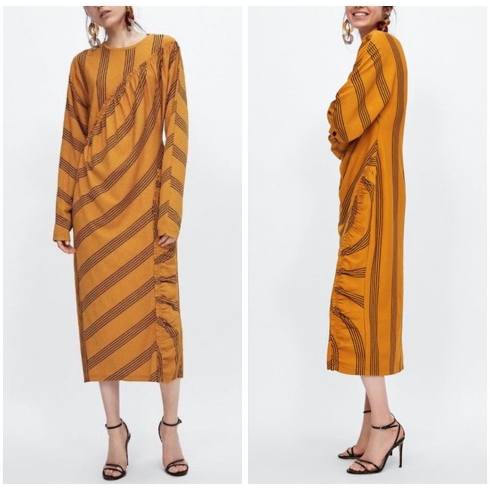 Zara Yellow Black Striped Ruffled Gathered Long Sleeve Midi Dress